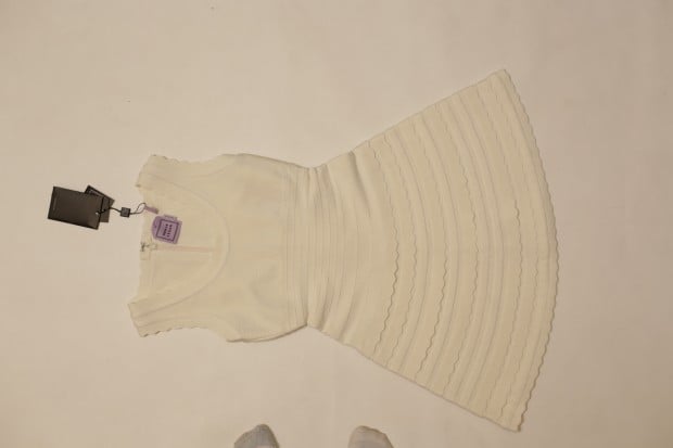 (41) Herve Leger Scallop-Trim A-Line Bandage Dress in Alabaster